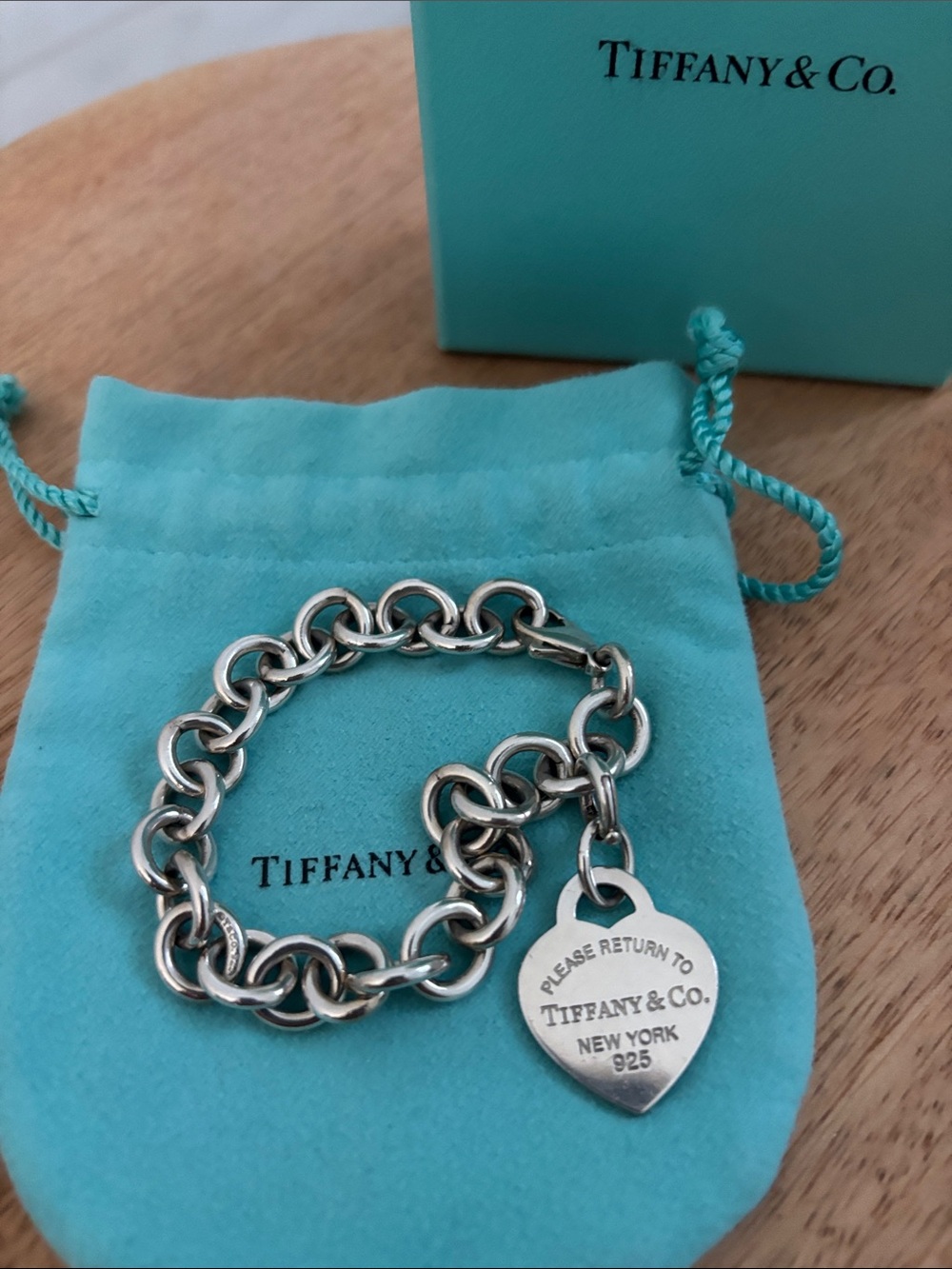 Tiffany & Co. Sterling Silver Heart Tag Bracelet with Signature Blue Pouch